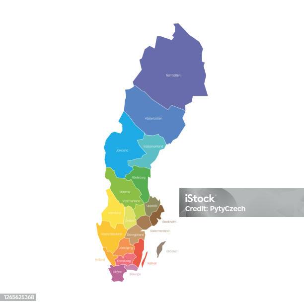 瑞典各縣區域國家行政區劃分圖彩色向量插圖向量圖形及更多瑞典圖片 - 瑞典, 地圖, 地區類型