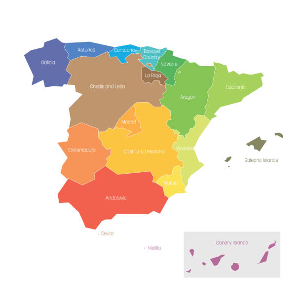 Political divisions of Spain. Map of regional country administrative divisions. Colorful vector illustration Political divisions of Spain. Map of regional country administrative divisions. Colorful vector illustration. ceuta map stock illustrations