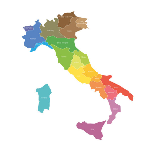 ilustrações, clipart, desenhos animados e ícones de regiões da itália. mapa das divisões administrativas regionais do país. ilustração vetorial colorida - liguria