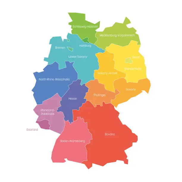 Vector illustration of States of Germany. Map of regional country administrative divisions. Colorful vector illustration