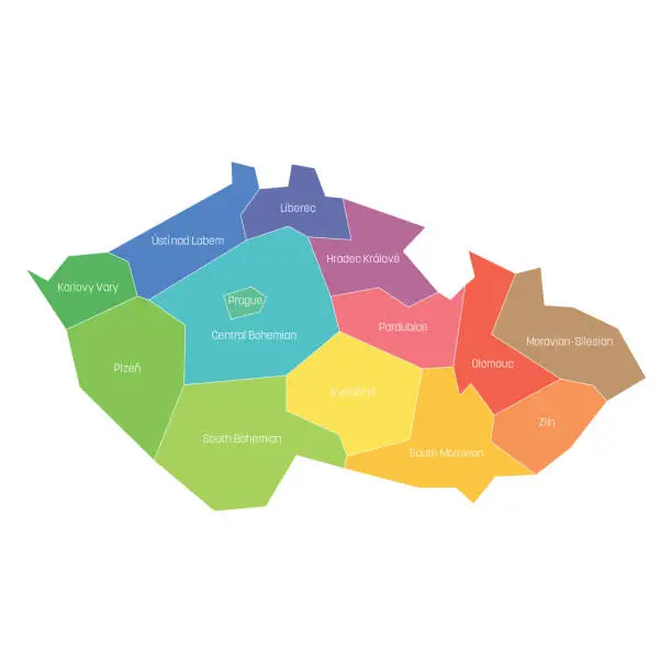 Vector illustration of Regions of the Czech Republic. Map of regional country administrative divisions. Colorful vector illustration