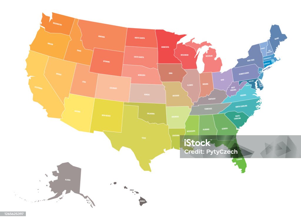 Abd Haritası, Amerika Birleşik Devletleri, gökkuşağı spektrumu renklerde. Devlet adlarıyla - Royalty-free ABD Vector Art