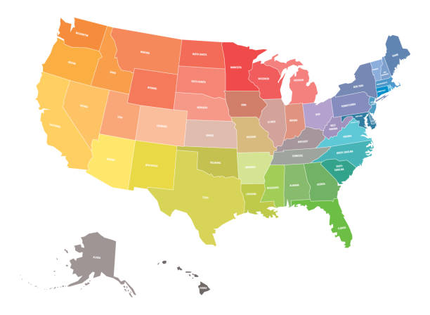 abd haritası, amerika birleşik devletleri, gökkuşağı spektrumu renklerde. devlet adlarıyla - alaska illüstrasyonlar stock illustrations
