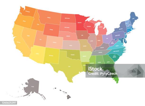 Abd Haritası Amerika Birleşik Devletleri Gökkuşağı Spektrumu Renklerde Devlet Adlarıyla Stok Vektör Sanatı & ABD‘nin Daha Fazla Görseli