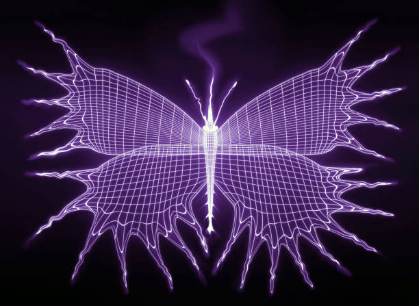 istock stylized unusual glowing butterfly with open wings on black background. 3d illustration 1265627450