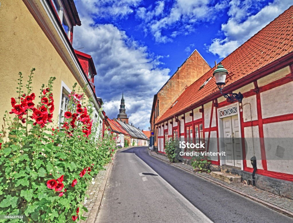 Street Street in Ystad, Sweden. Church Stock Photo