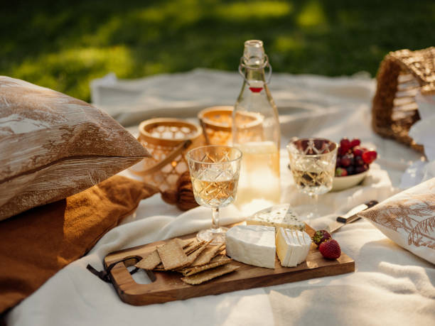 istock Wine and cheese picnic outdoors in summer 1265630089