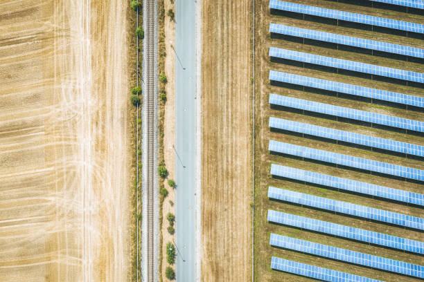 Aerial view of a solar power station in rural Virginia. USA