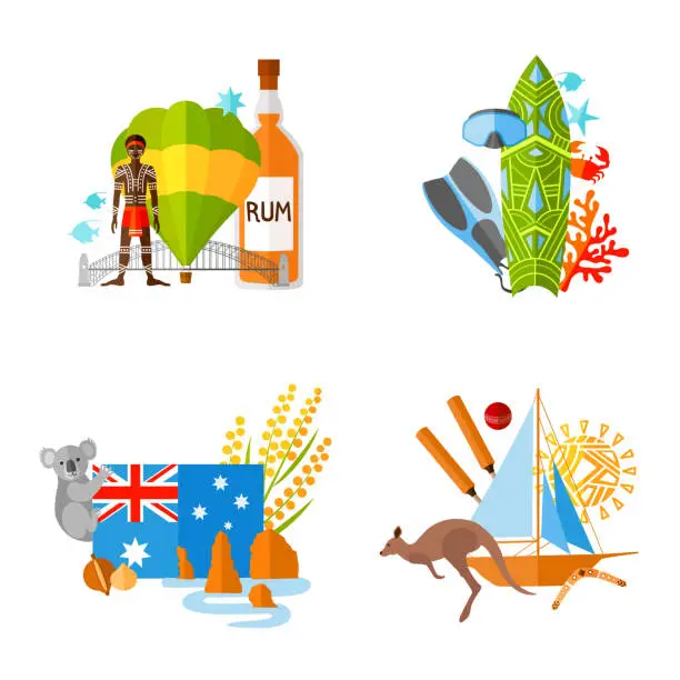 Vector illustration of Collection of compositions on a tourist theme. Travel to Australia. The most popular characters and attributes of the country.