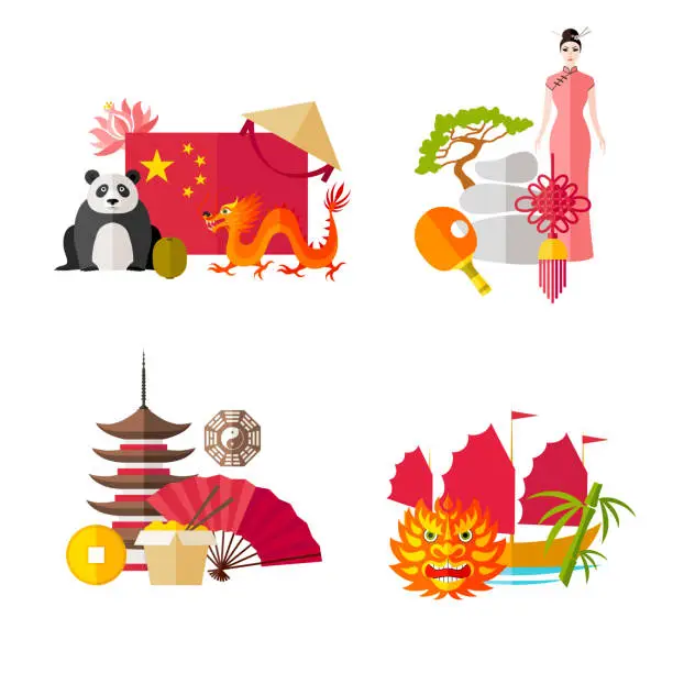 Vector illustration of Compositions with symbols of China. Eastern attributes. Vector ready-made cards on the theme of tourism.