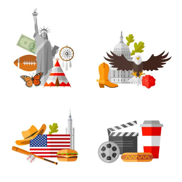Vector illustration of Compositions of US symbols in flat style. Patterns on a tourist theme.