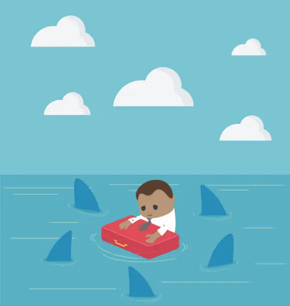 Vector illustration of African-american Business Man be castaway in the suit with surrounded by sharks