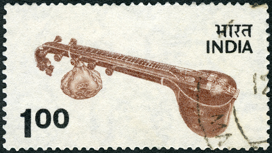 Sello postal impreso en India muestra Veena, 1974 photo