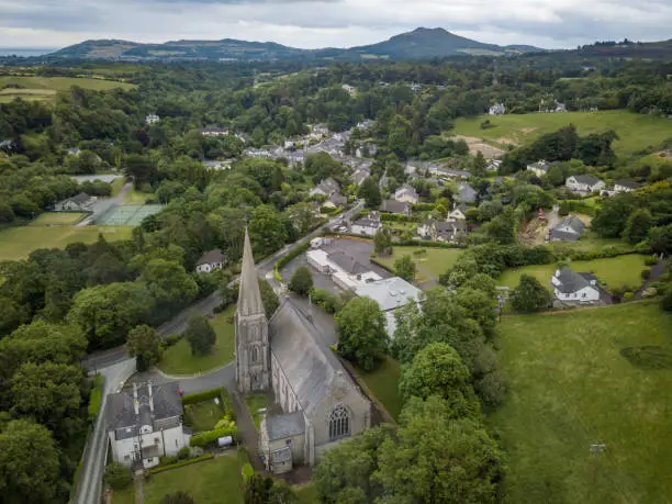 Aerial View of Enniskerry Church and Village with Bray Head and Sugar Loaf