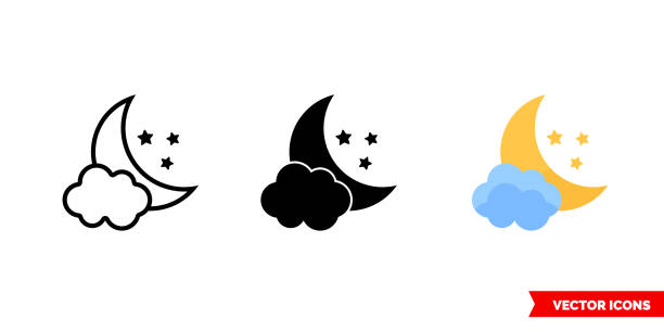 Moon icon of 3 types color, black and white, outline. Isolated vector sign symbol Moon icon of 3 types. Isolated vector sign symbol. Month with cloud and stars. moon clipart stock illustrations