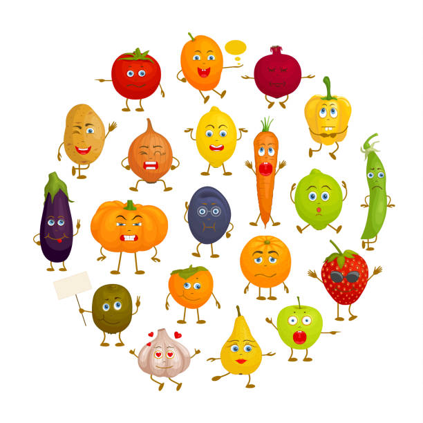 istock Various fruits and vegetables with face hands and feet. Emotions. Food vector character. 1265645767
