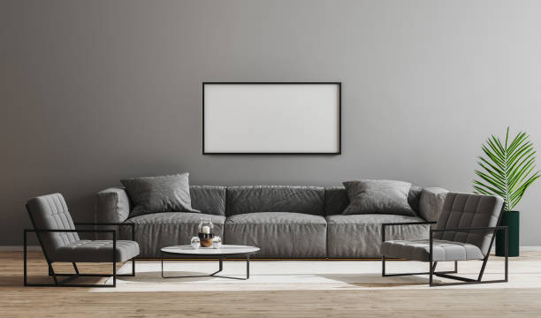 istock Blank black horizontal frame mock up in modern minimalist living room interior  with gray sofa, armchairs and coffee table, living room interior background, scandinavian style, 3d render 1265645992