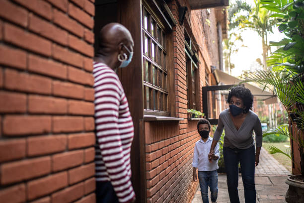 istock Daughter visiting mother at home during pandemic using surgical mask 1265650031