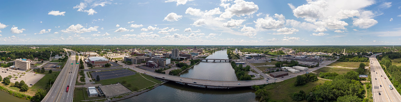 Panoramic photo, shot from a drone, of Downtown Saginaw Michigan during the summer.