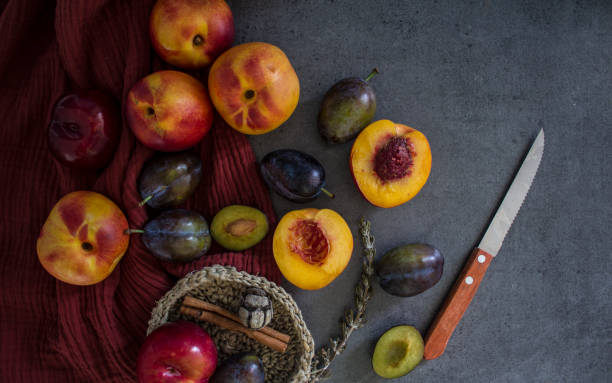 istock Fresh fruits on gray background with copy space. 1265653567