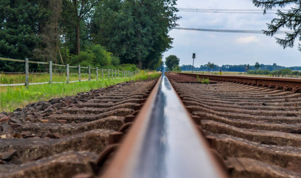 istock Multiple railroad tracks with junctions at a railway station in a perspective and birds view 1265654913