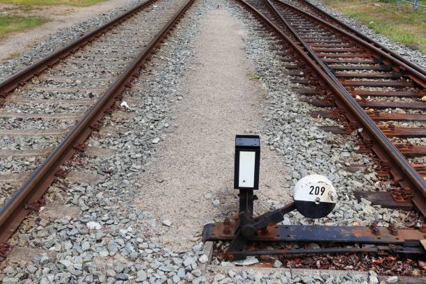 istock Multiple railroad tracks with junctions at a railway station in a perspective and birds view 1265655713