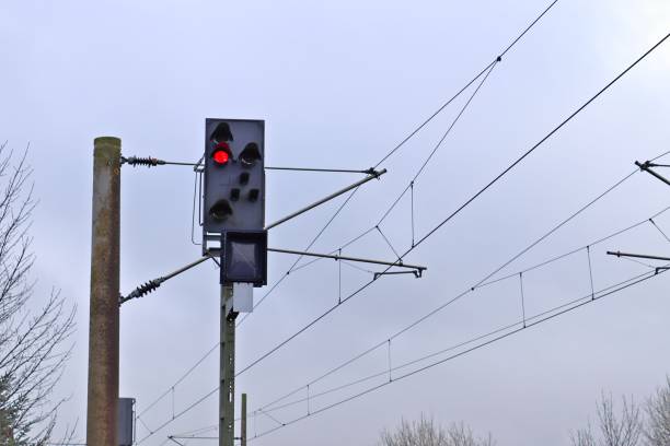 istock Multiple railroad tracks with junctions at a railway station in a perspective and birds view 1265656703