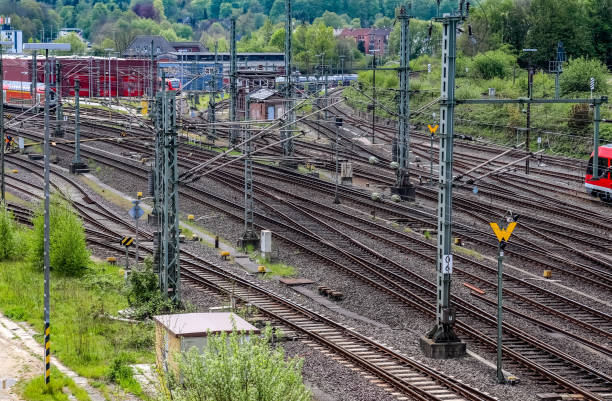 istock Multiple railroad tracks with junctions at a railway station in a perspective and birds view 1265656922