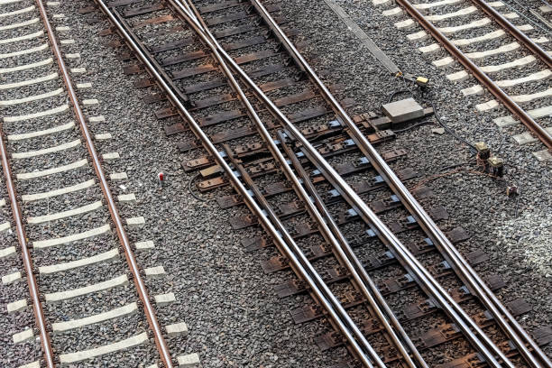 istock Multiple railroad tracks with junctions at a railway station in a perspective and birds view 1265657158