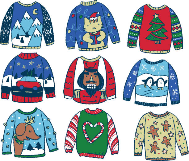 ilustraciones, imágenes clip art, dibujos animados e iconos de stock de colección de suéteres de navidad - stick of hard candy hanging decoration christmas decoration
