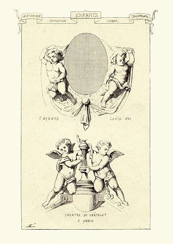 Vintage engraving of Representations of children infants in architecture, 19th Century. Materiaux et Documents D'Architecture et de Sculpture, by Raguenet