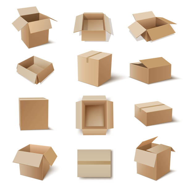 ilustraciones, imágenes clip art, dibujos animados e iconos de stock de cajas de cartón kraft para productos de almacenamiento, artículos para el hogar. embalaje de cartón, contenedores de envío. - cardboard