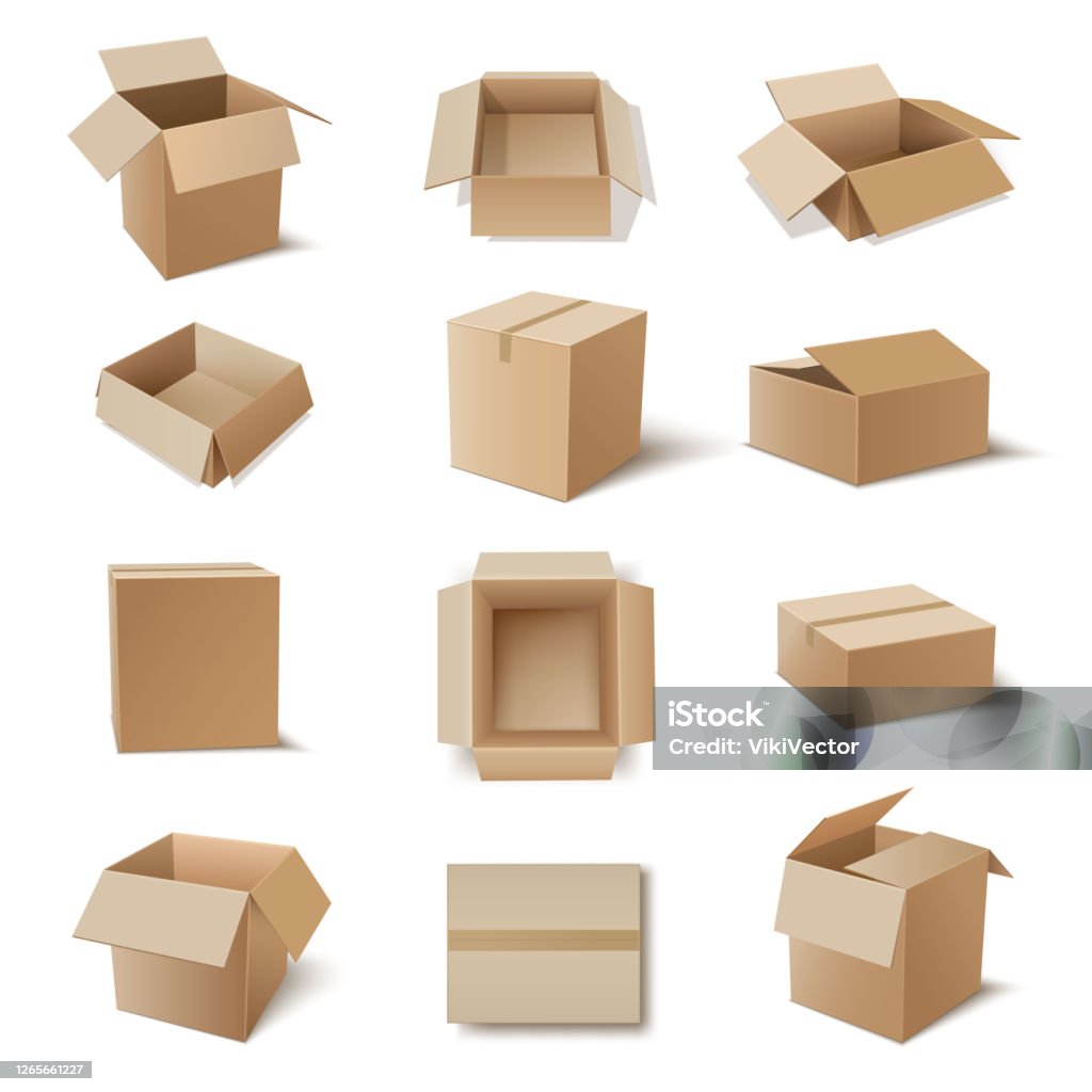 Boîtes en carton Kraft pour produits de stockage, articles ménagers. Emballage en carton, conteneurs d’expédition. - clipart vectoriel de Boîte libre de droits