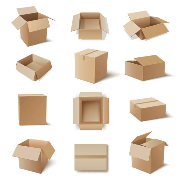 Kraft cardboard boxes for storage products, household goods. Carton packaging, shipping containers. Kraft cardboard boxes for storage products, household goods various shaped flat, long, tall. Carton packaging, shipping containers open, closed. Top, side, isometric view. Realistic vector set. package stock illustrations