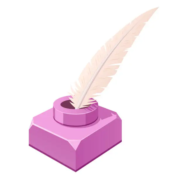 Vector illustration of Feather and inkwell purple. Writing implements. Quill pen and square container, jar for holding ink.
