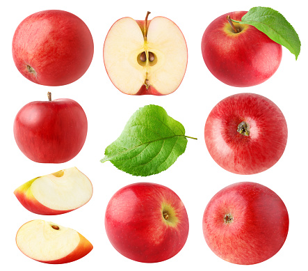 Isolated red apples. Collection of whole and cut red apples isolated on white background