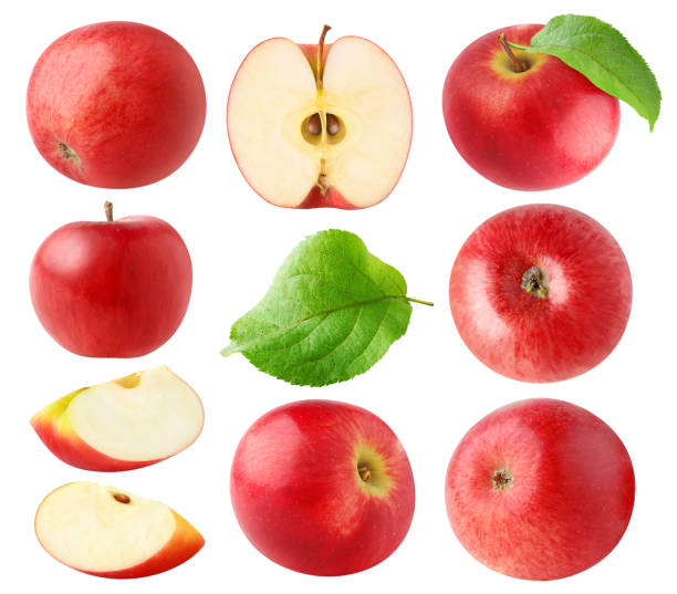 Isolated red apples collection Isolated red apples. Collection of whole and cut red apples isolated on white background isolated apple stock pictures, royalty-free photos & images