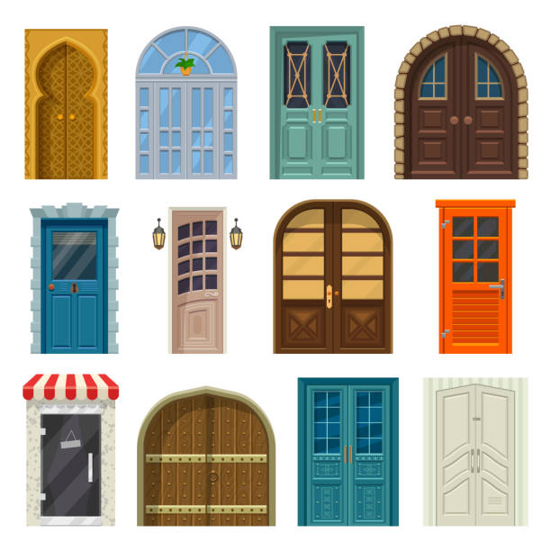 ilustrações de stock, clip art, desenhos animados e ícones de doors, house entrances and cartoon gates fronts - door symmetry wood closed