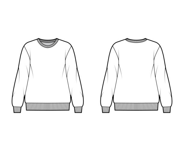 Cotton-terry oversized sweatshirt technical fashion illustration with relaxed fit, crew neckline, long sleeves jumper Cotton-terry oversized sweatshirt technical fashion illustration with relaxed fit, crew neckline, long sleeves. Flat outwear jumper apparel template front, back, white color. Women men, unisex top CAD cardigan clothing template fashion stock illustrations