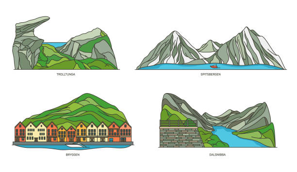 Norway natural landmarks or landscape icons set Norway nature and natural landmarks landscape, vector travel and tourism icons. Norway tourist sightseeing Trolltunga rock, Spitsbergen Norwegian archipelago, Bryggen docks and Dalsnibba mountain bergen stock illustrations