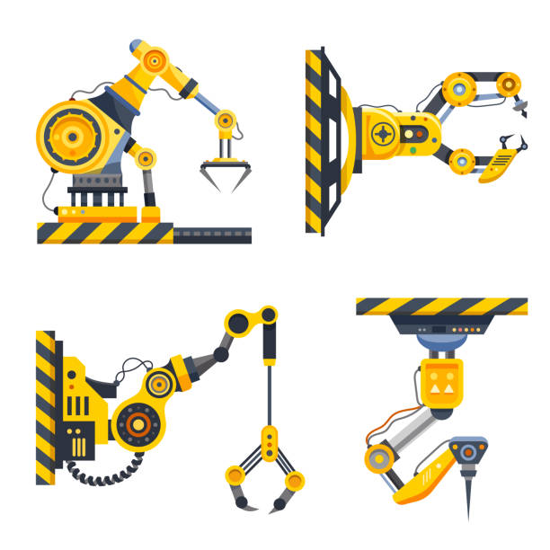 Robot arms set or factory machine hands Robot arms set or factory machine hands. Mechanic industry vector icons. Robot arms with grab claw hands, robotic engineering and automated manufacturing, industrial technology and hydraulic machinery crane machinery stock illustrations