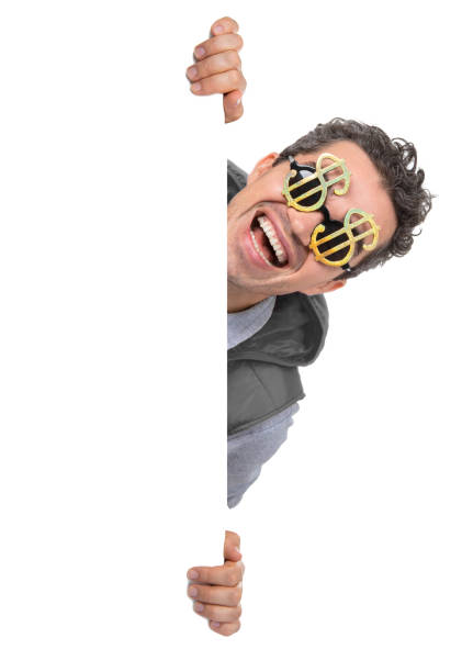 istock Blank sign - smiling man in dollar shaped sunglasses (isolated on white) 1265668169