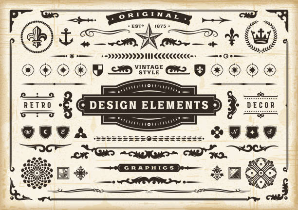 vintage original design elemente set - vignette stock-grafiken, -clipart, -cartoons und -symbole