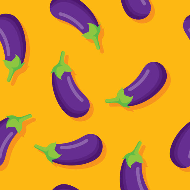 Eggplant Pattern Flat Vector illustration of eggplants in a repeating pattern against a yellow background. eggplant stock illustrations