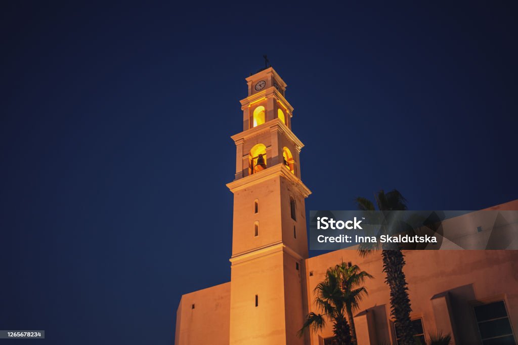 View on St. Peter's Catholic Church in old city of Jaffa, Tel-Aviv, Israel. Night landscape. Jaffa Stock Photo