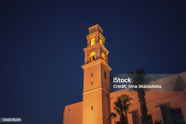 View On St Peters Catholic Church In Old City Of Jaffa Telaviv Israel Night Landscape Stock Photo - Download Image Now
