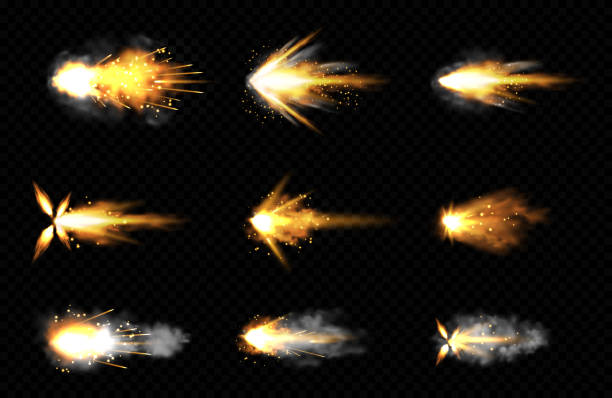 Realistic set of gun shots with fire and smoke Gun shot with fire and smoke. Weapon firing effects. Vector realistic set of gun muzzle flashes, flying bullets with flame, sparks and smoke clouds isolated on transparent background machine gun stock illustrations