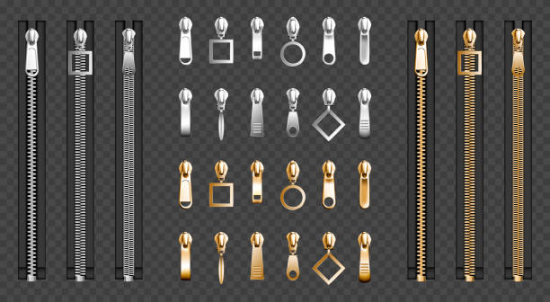 Metal zip fasteners, silver zippers puller set Metal zip fasteners, silver golden zippers with differently shaped puller and closed black fabric tape, clothing hardware isolated on transparent background, Realistic 3d vector illustration, set zip stock illustrations