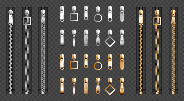 Metal zip fasteners, silver zippers puller set Metal zip fasteners, silver golden zippers with differently shaped puller and closed black fabric tape, clothing hardware isolated on transparent background, Realistic 3d vector illustration, set zipper-teeth stock illustrations