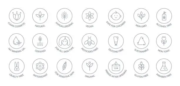 Vector illustration of Natural and organic cosmetic line icons big set. GMO free emblems. Organic products badges. Hypoallergenic, safe for children, clean cosmetic, non toxic. Vegan, bio food. Vector illustration